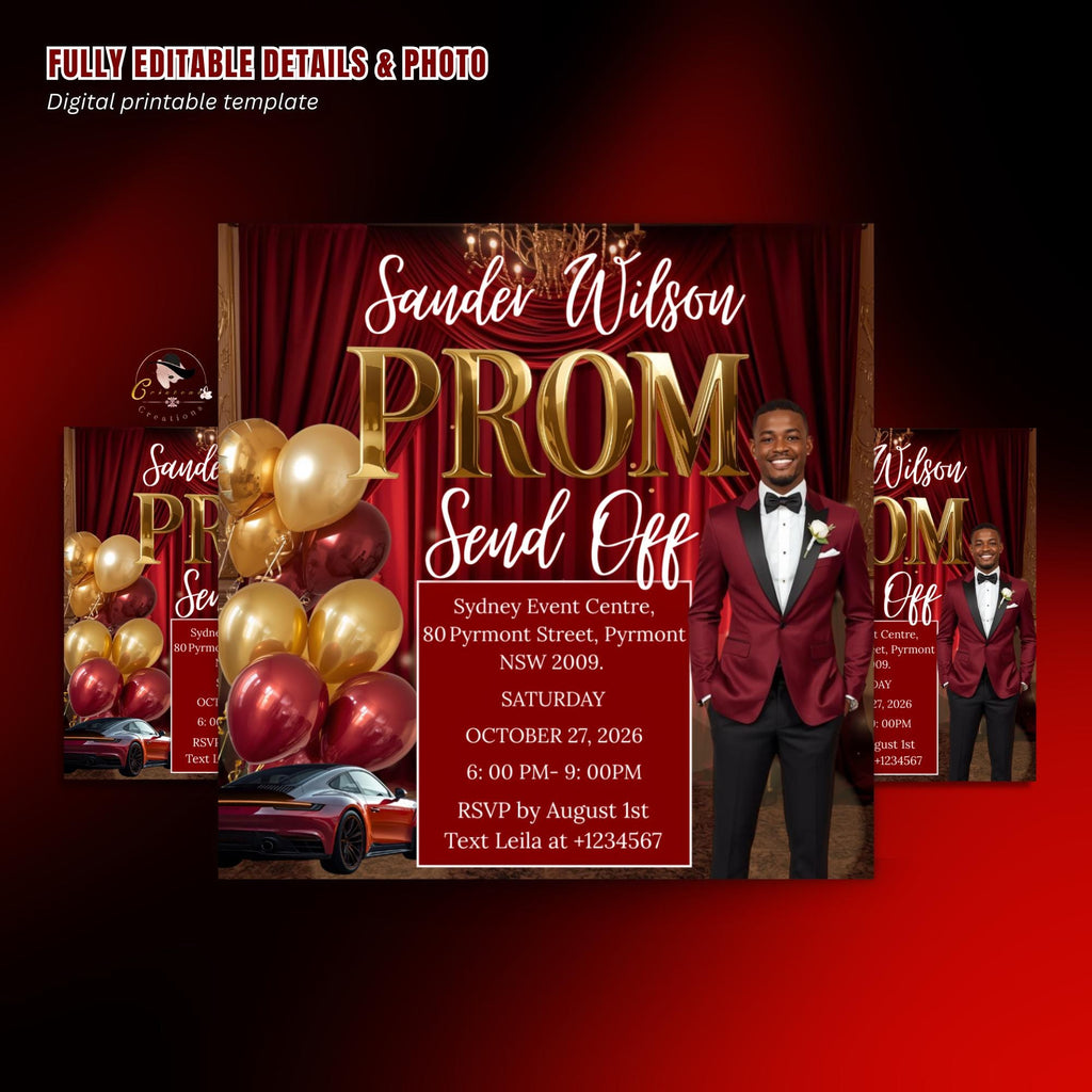Red Prom Send Off Party Invitation, Teen Boy Prom Night with photo invite, Editable Senior Ball and Junior Prom Hollywood Flyer Template