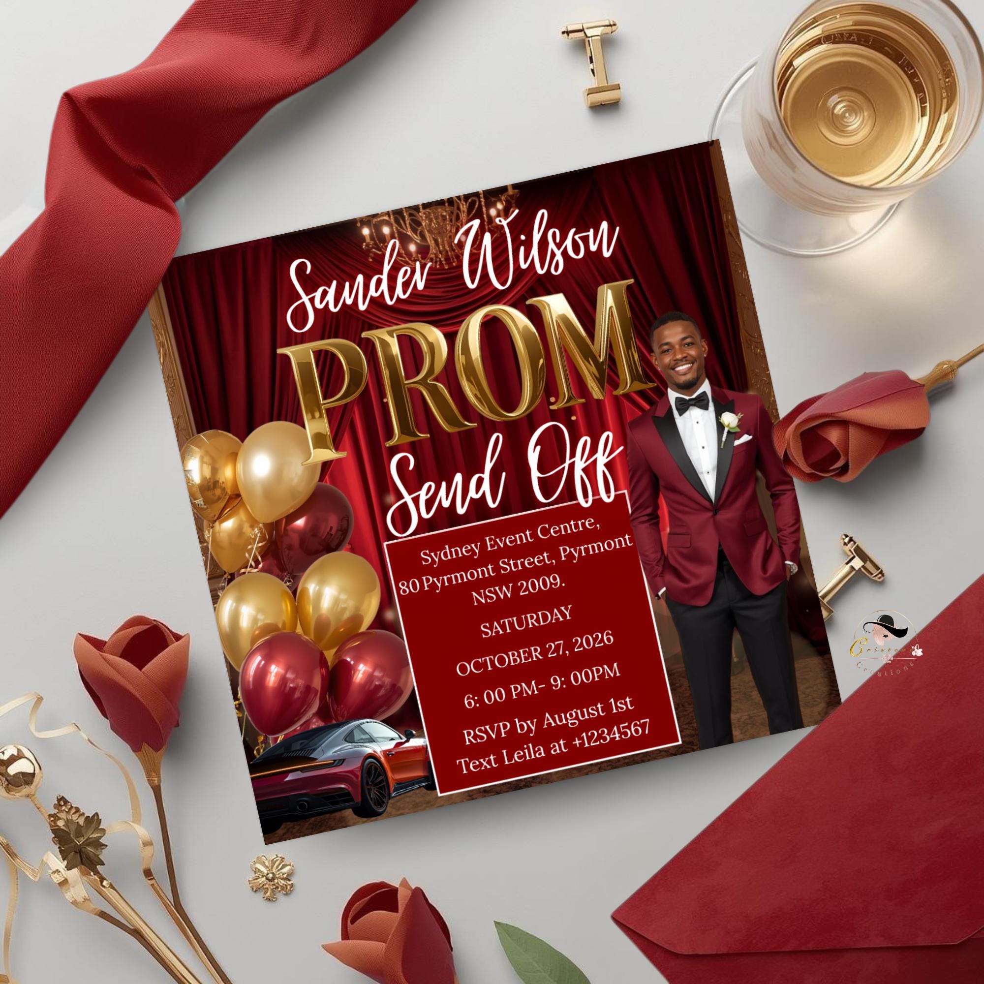 Red Prom Send Off Party Invitation, Teen Boy Prom Night with photo invite, Editable Senior Ball and Junior Prom Hollywood Flyer Template