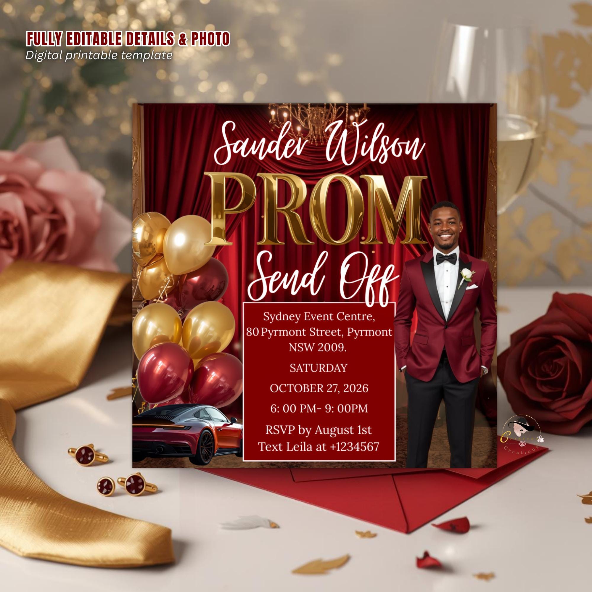 Red Prom Send Off Party Invitation, Teen Boy Prom Night with photo invite, Editable Senior Ball and Junior Prom Hollywood Flyer Template