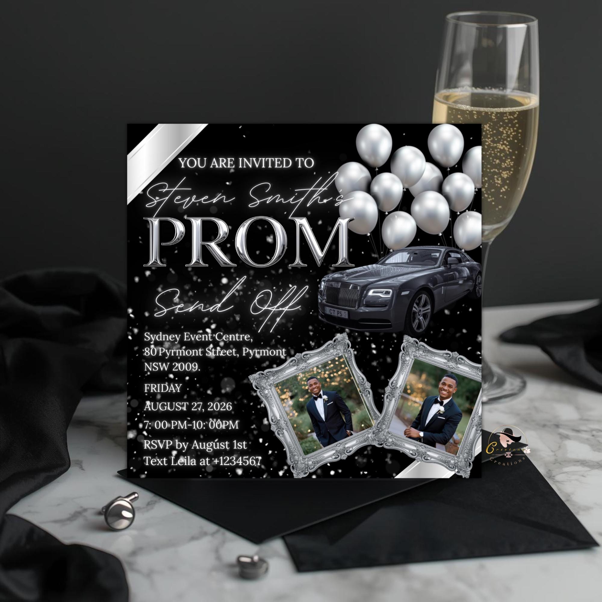 Black Silver Prom Send Off Invitation, Men Prom Night with photo invite, Editable Senior Ball Party and Junior Prom Hollywood Flyer Template