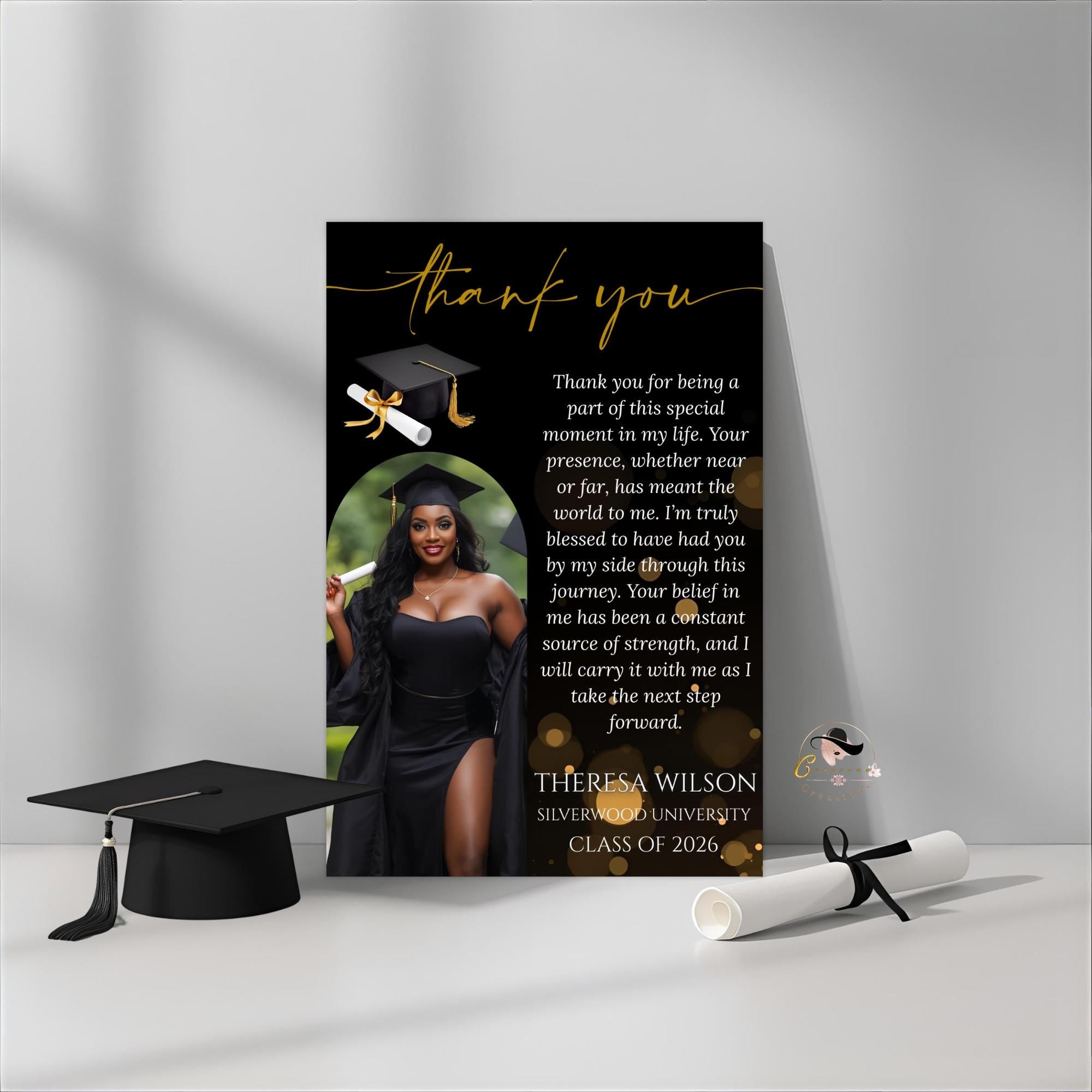 Graduation Thank You Card with photo, Black gold Senior Grad Party Thank you note, Elegant Thank Card for Graduates Printable Template
