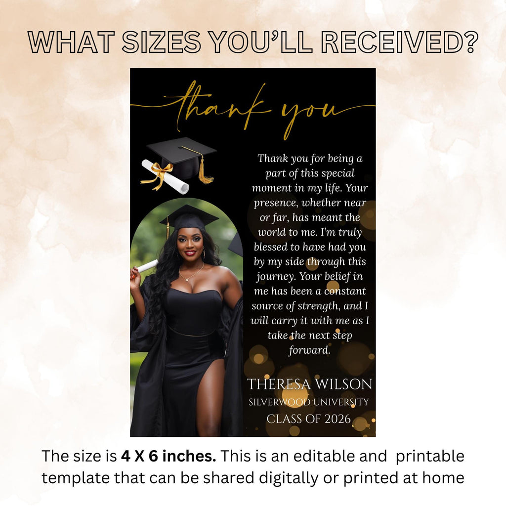Graduation Thank You Card with photo, Black gold Senior Grad Party Thank you note, Elegant Thank Card for Graduates Printable Template