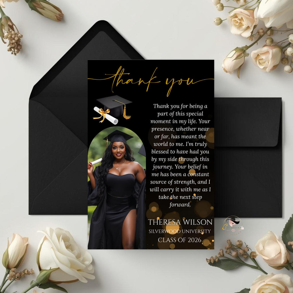 Graduation Thank You Card with photo, Black gold Senior Grad Party Thank you note, Elegant Thank Card for Graduates Printable Template