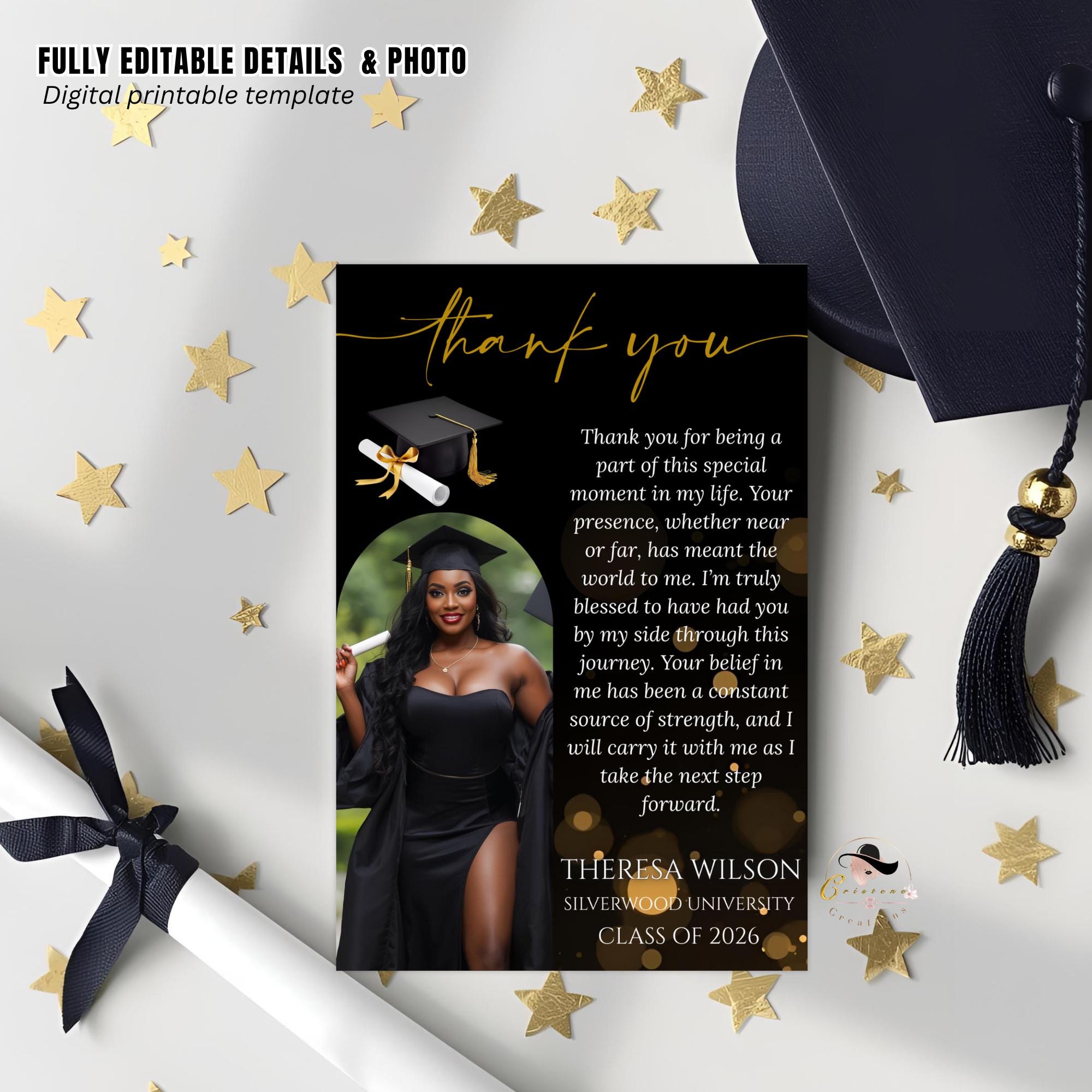 Graduation Thank You Card with photo, Black gold Senior Grad Party Thank you note, Elegant Thank Card for Graduates Printable Template