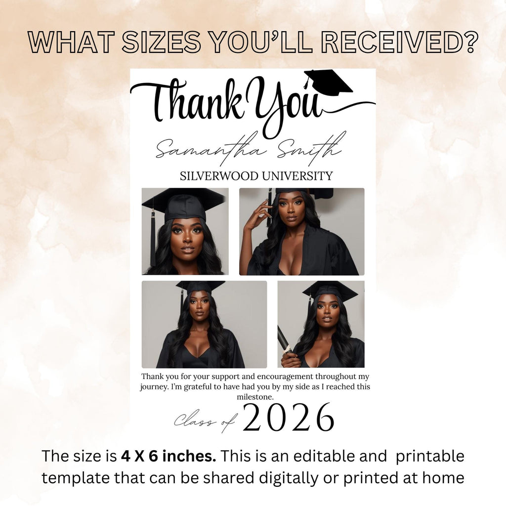 Editable Graduation Thank You Card with photo, Senior Grad Party Thank you note, Elegant Thank You Cards for Graduates Printable Template