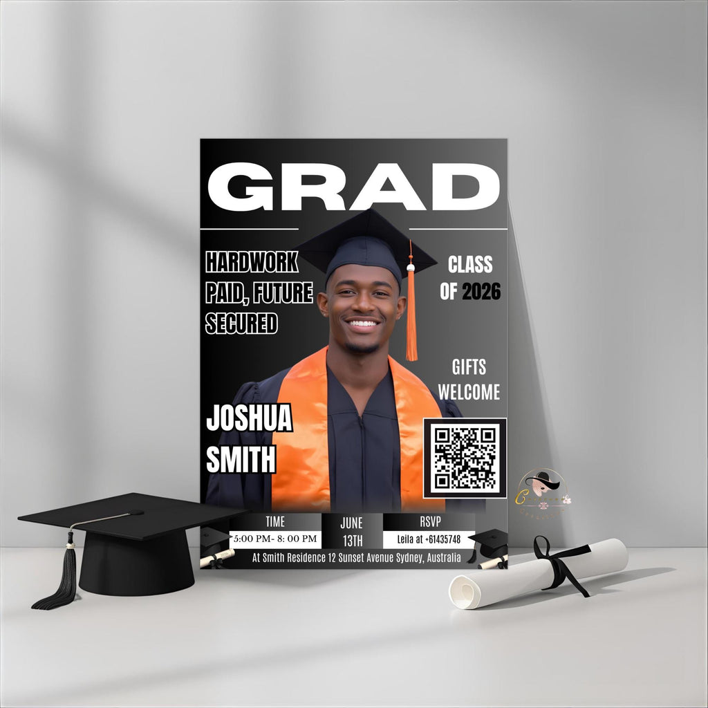 Black Silver Graduation Announcement Invitation, Boy Senior Grad Party Invite with photo, Male College Graduate Magazine Cover Template