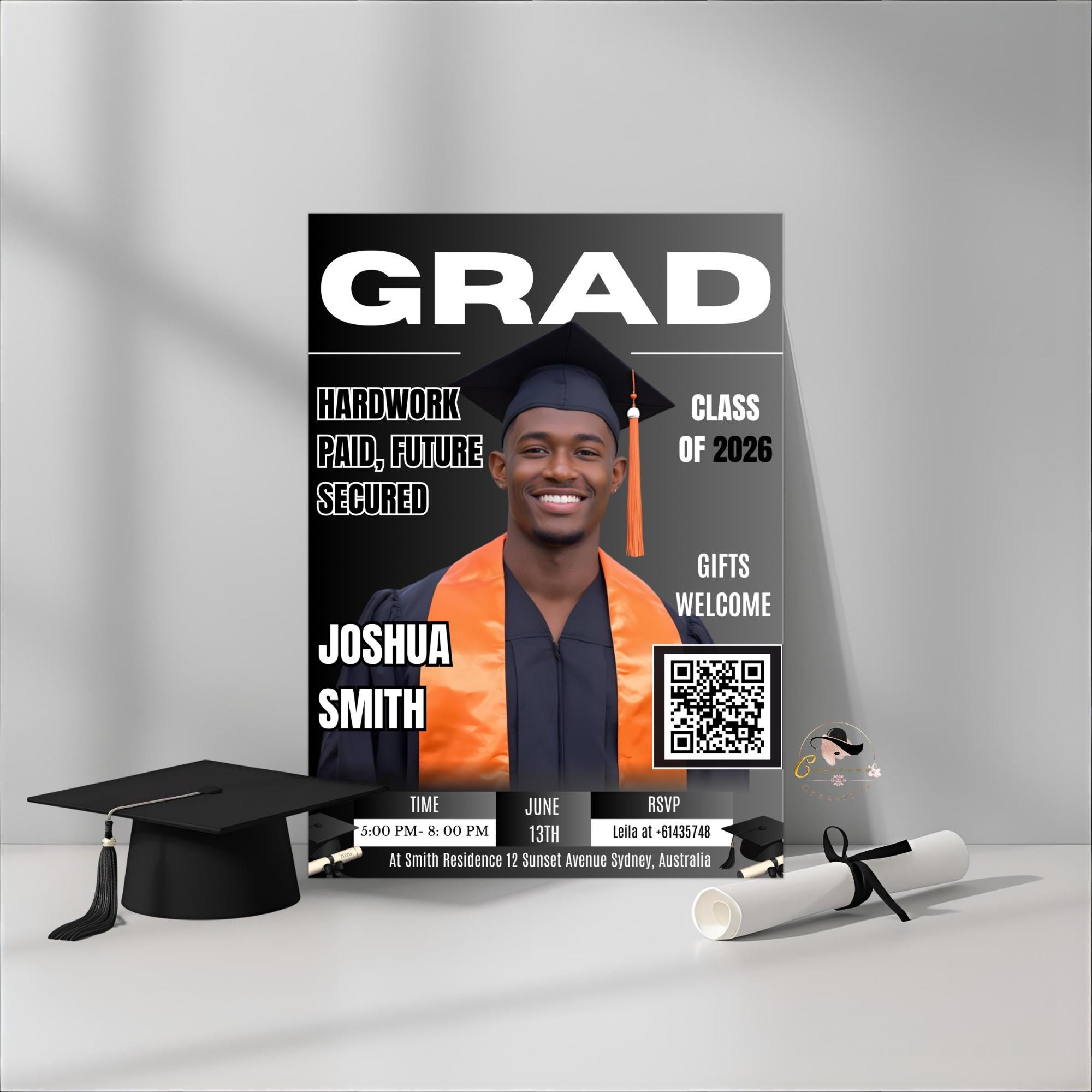 Black Silver Graduation Announcement Invitation, Boy Senior Grad Party Invite with photo, Male College Graduate Magazine Cover Template