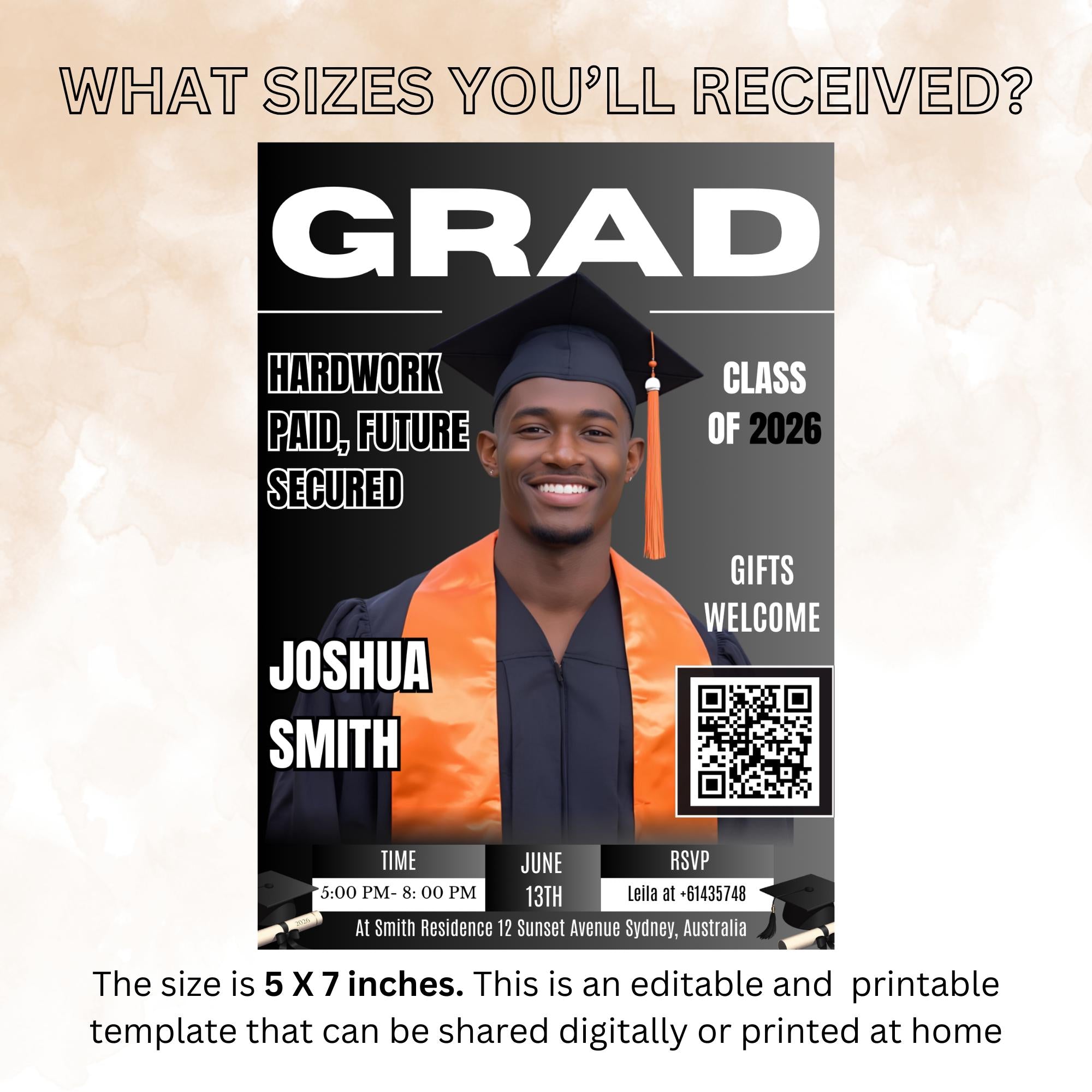 Black Silver Graduation Announcement Invitation, Boy Senior Grad Party Invite with photo, Male College Graduate Magazine Cover Template