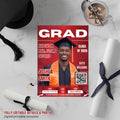 Red Graduation Announcement Invitation, Boy Senior Grad Party Invite with photo, Male College Graduate with QR Code Magazine Cover Template