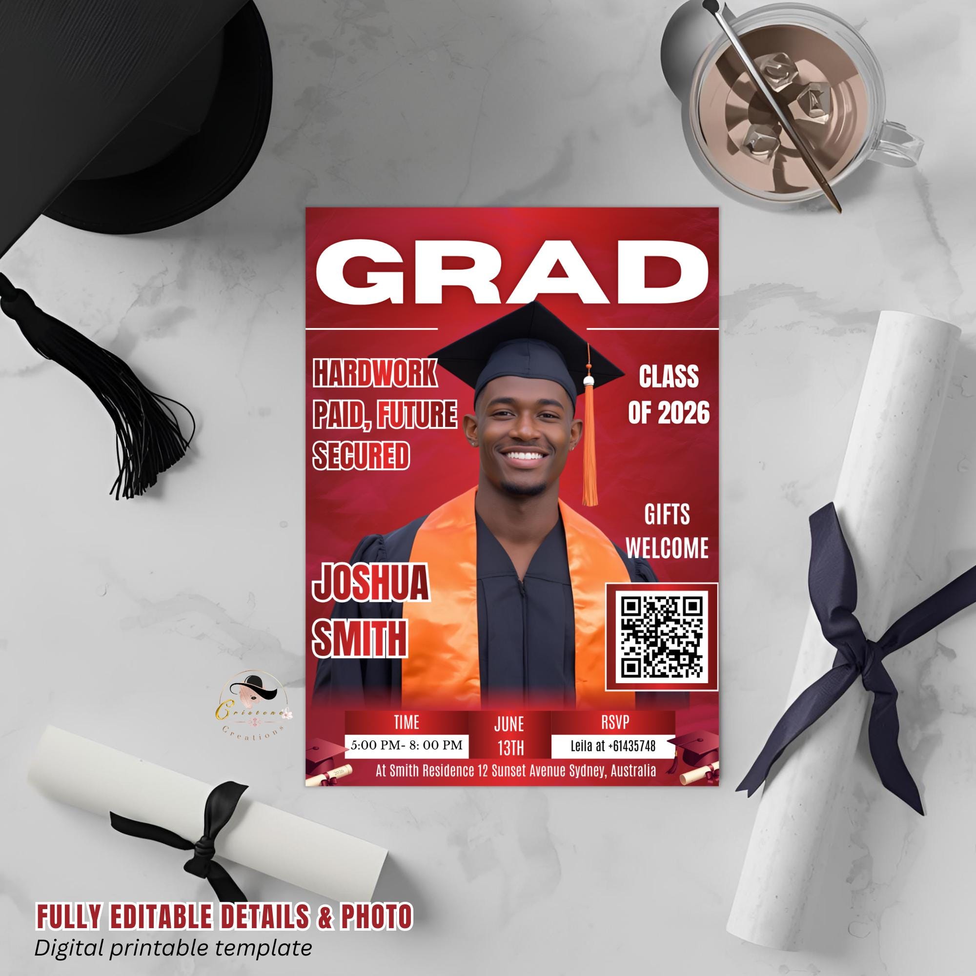 Red Graduation Announcement Invitation, Boy Senior Grad Party Invite with photo, Male College Graduate with QR Code Magazine Cover Template