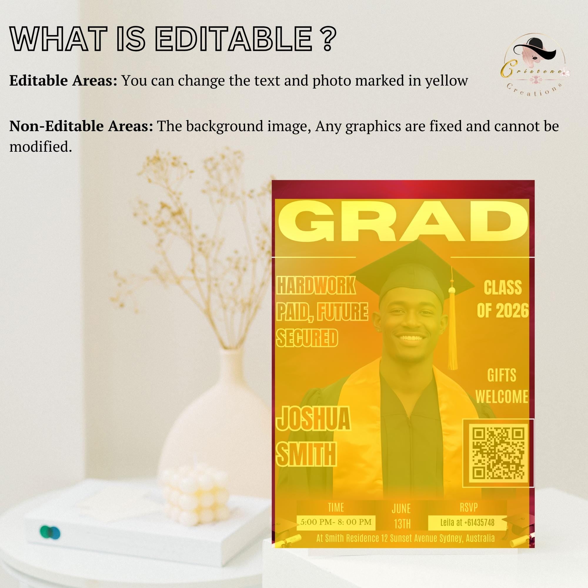 Red Graduation Announcement Invitation, Boy Senior Grad Party Invite with photo, Male College Graduate with QR Code Magazine Cover Template