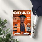 Orange Graduation Party Invitation, Boy Senior Grad Announcement Invite with photo, Male College Graduate Magazine Cover, QR Code Template