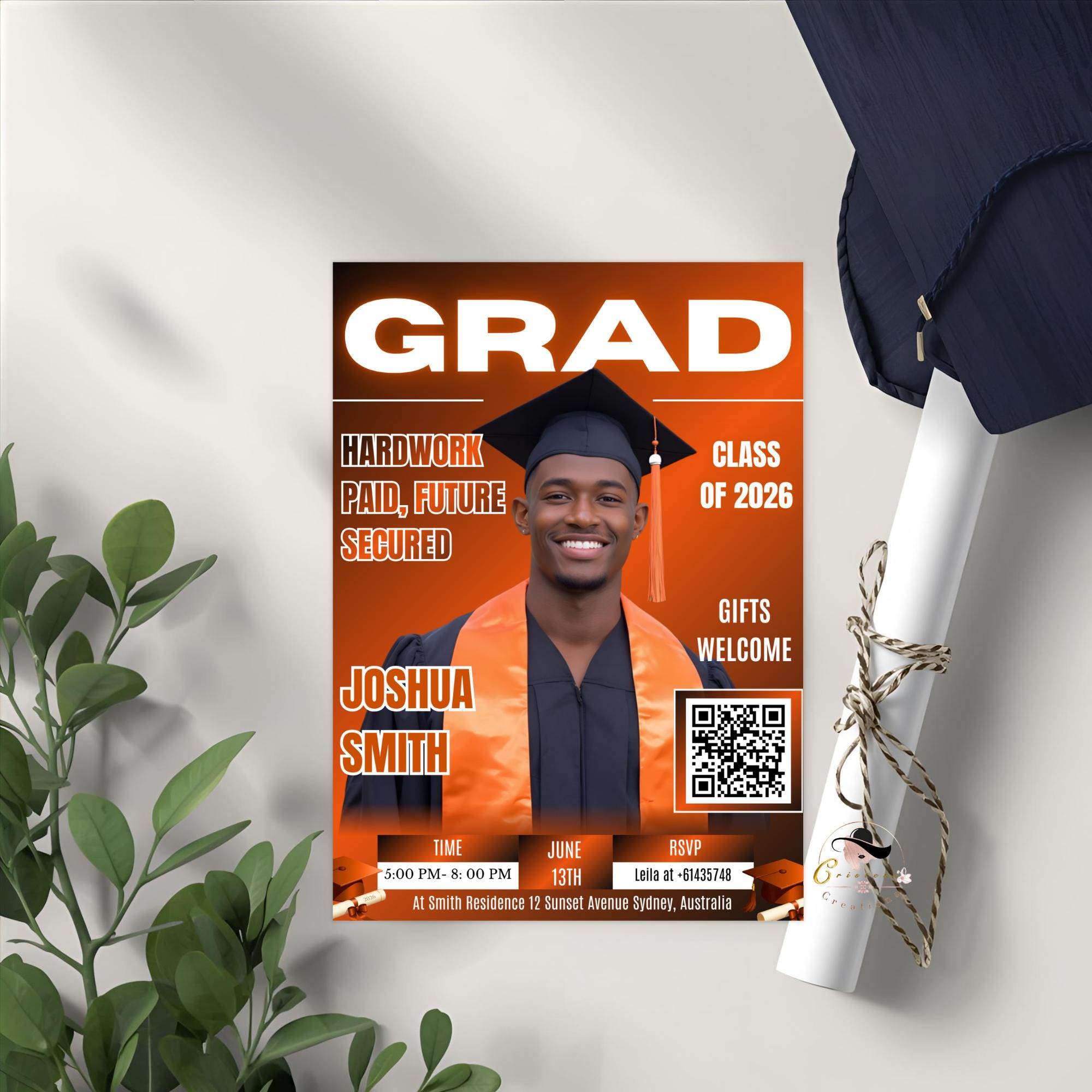 Orange Graduation Party Invitation, Boy Senior Grad Announcement Invite with photo, Male College Graduate Magazine Cover, QR Code Template