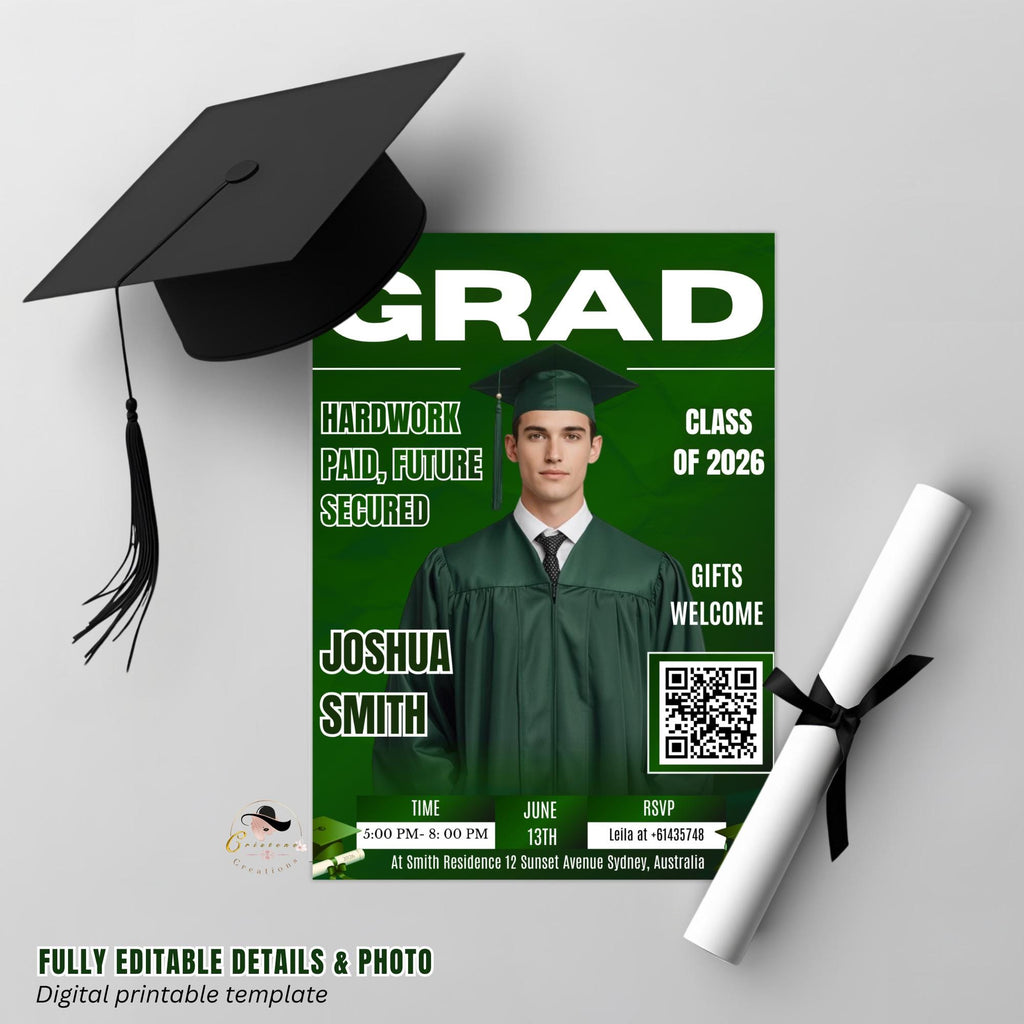 Green Graduation Party Invitation, Boy Senior Grad Announcement Invite with photo, Male College Graduate Magazine Cover, QR Code Template