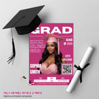 Pink Graduation Announcement Invitation, Senior Grad Party Invite with photo, Female College Graduate with QR Code Magazine Cover Template