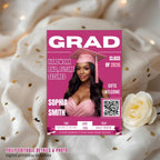 Pink Graduation Announcement Invitation, Senior Grad Party Invite with photo, Female College Graduate with QR Code Magazine Cover Template