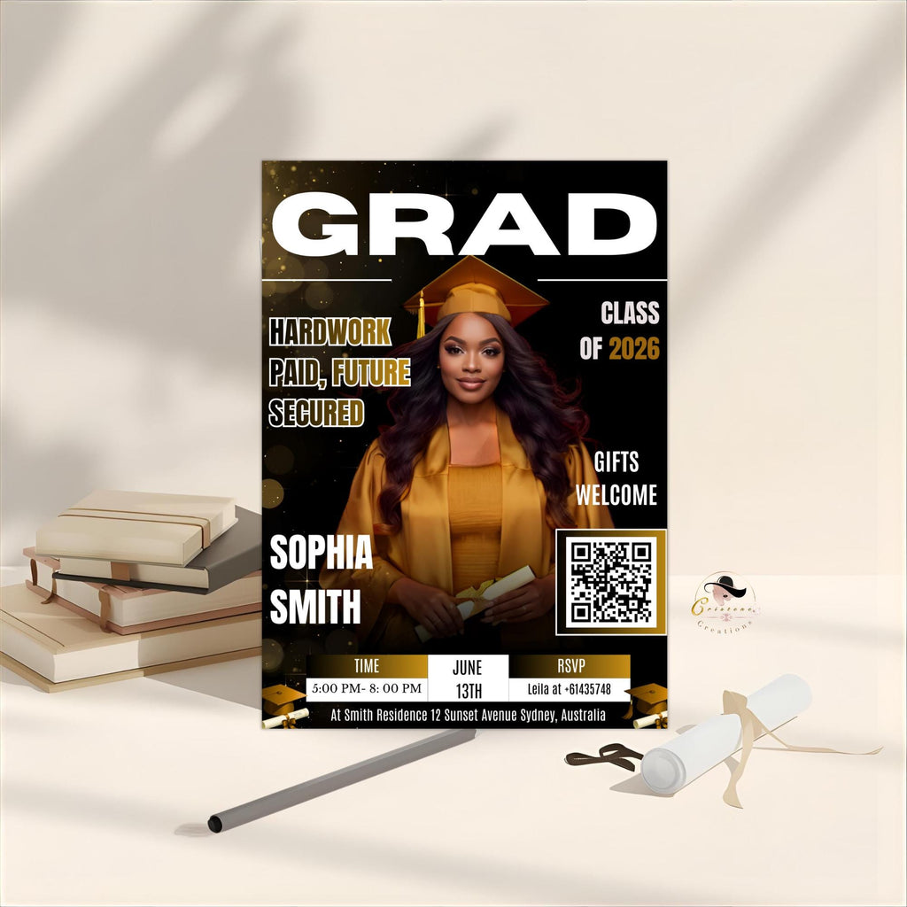 Black gold Graduation Party Invitation, Senior Grad Announcement Invite with photo, University Graduate with QR Code Magazine Cover Template