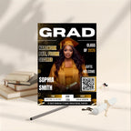 Black gold Graduation Party Invitation, Senior Grad Announcement Invite with photo, University Graduate with QR Code Magazine Cover Template