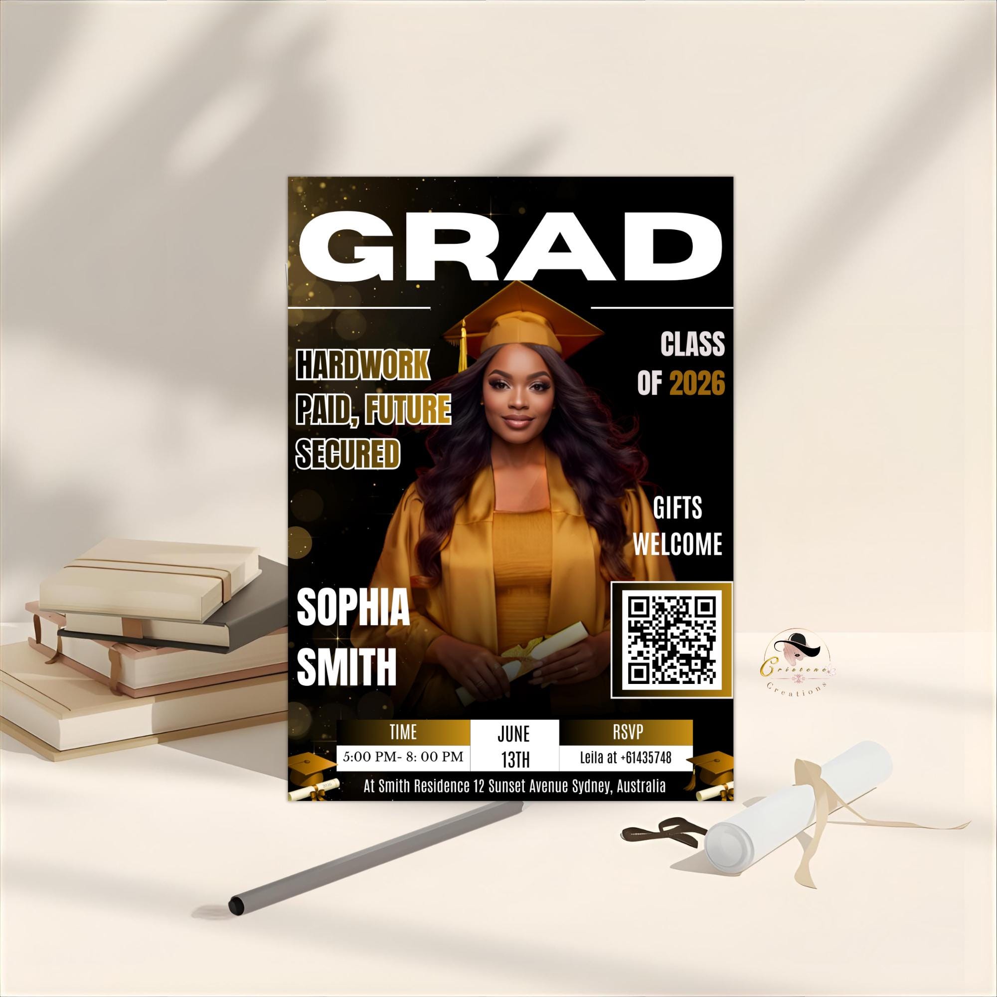 Black gold Graduation Party Invitation, Senior Grad Announcement Invite with photo, University Graduate with QR Code Magazine Cover Template