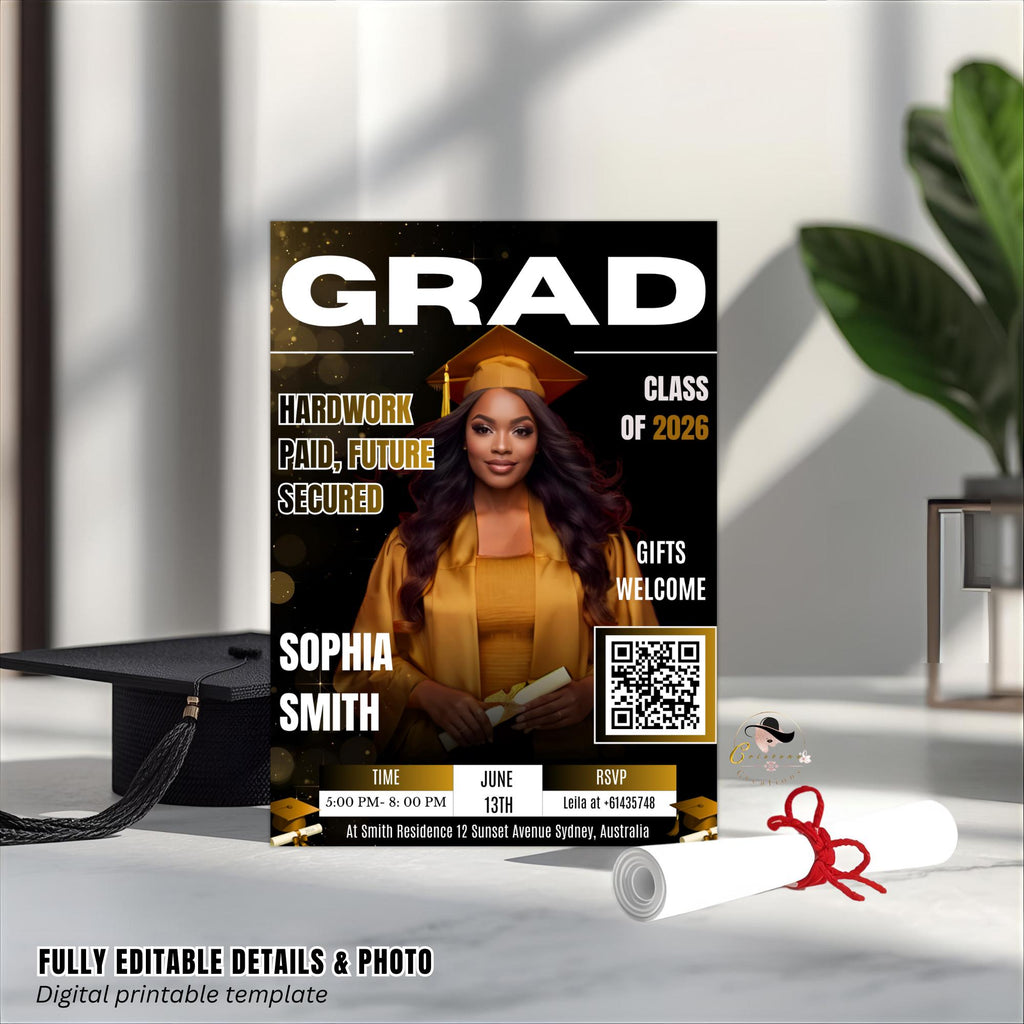 Black gold Graduation Party Invitation, Senior Grad Announcement Invite with photo, University Graduate with QR Code Magazine Cover Template