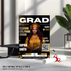 Black gold Graduation Party Invitation, Senior Grad Announcement Invite with photo, University Graduate with QR Code Magazine Cover Template
