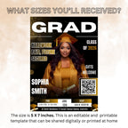 Black gold Graduation Party Invitation, Senior Grad Announcement Invite with photo, University Graduate with QR Code Magazine Cover Template