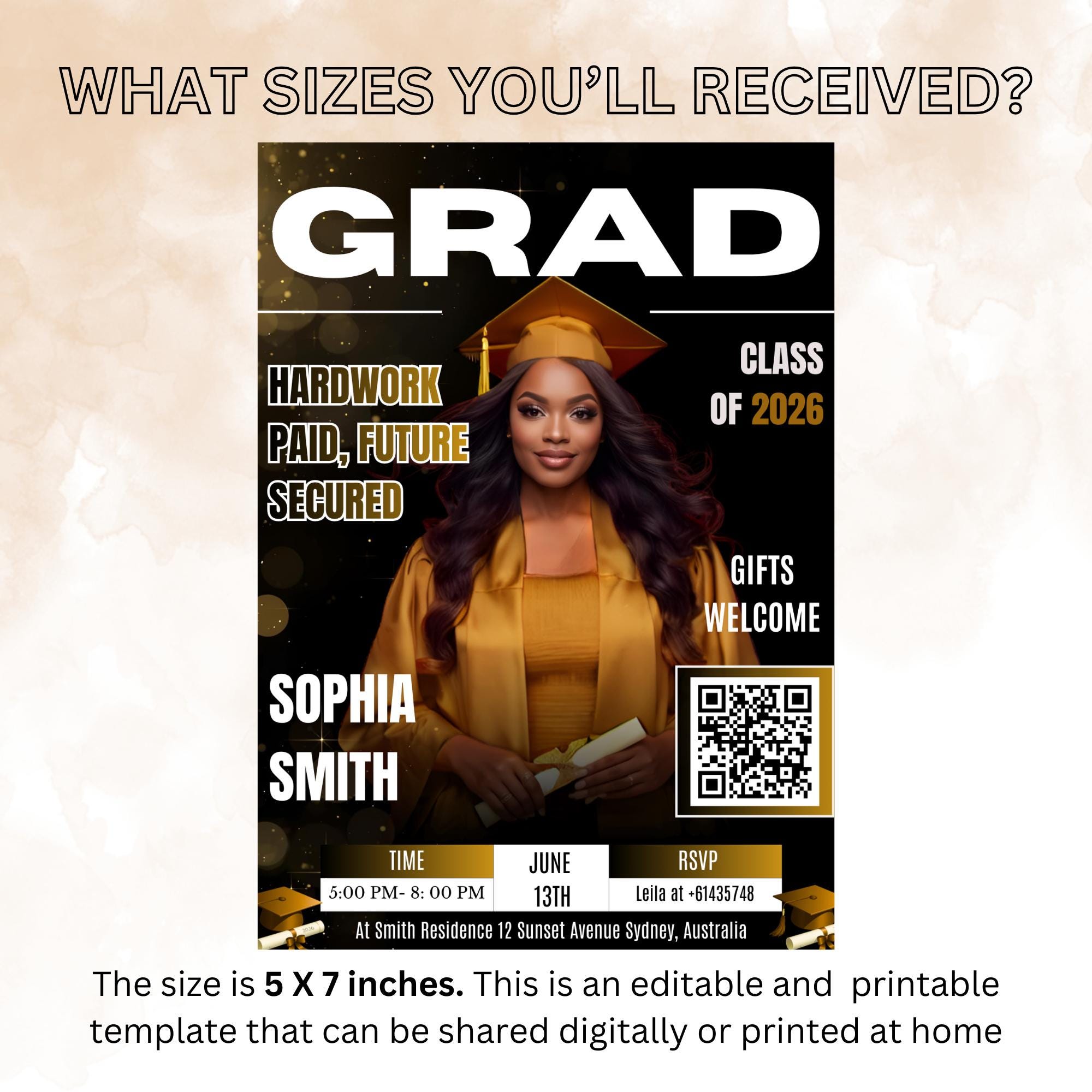 Black gold Graduation Party Invitation, Senior Grad Announcement Invite with photo, University Graduate with QR Code Magazine Cover Template