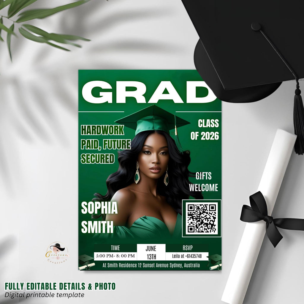 Green Graduation Party Invitation, Girl Senior Grad Announcement Invite with photo, University Graduate with QR Code Magazine Cover Template