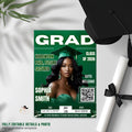 Green Graduation Party Invitation, Girl Senior Grad Announcement Invite with photo, University Graduate with QR Code Magazine Cover Template