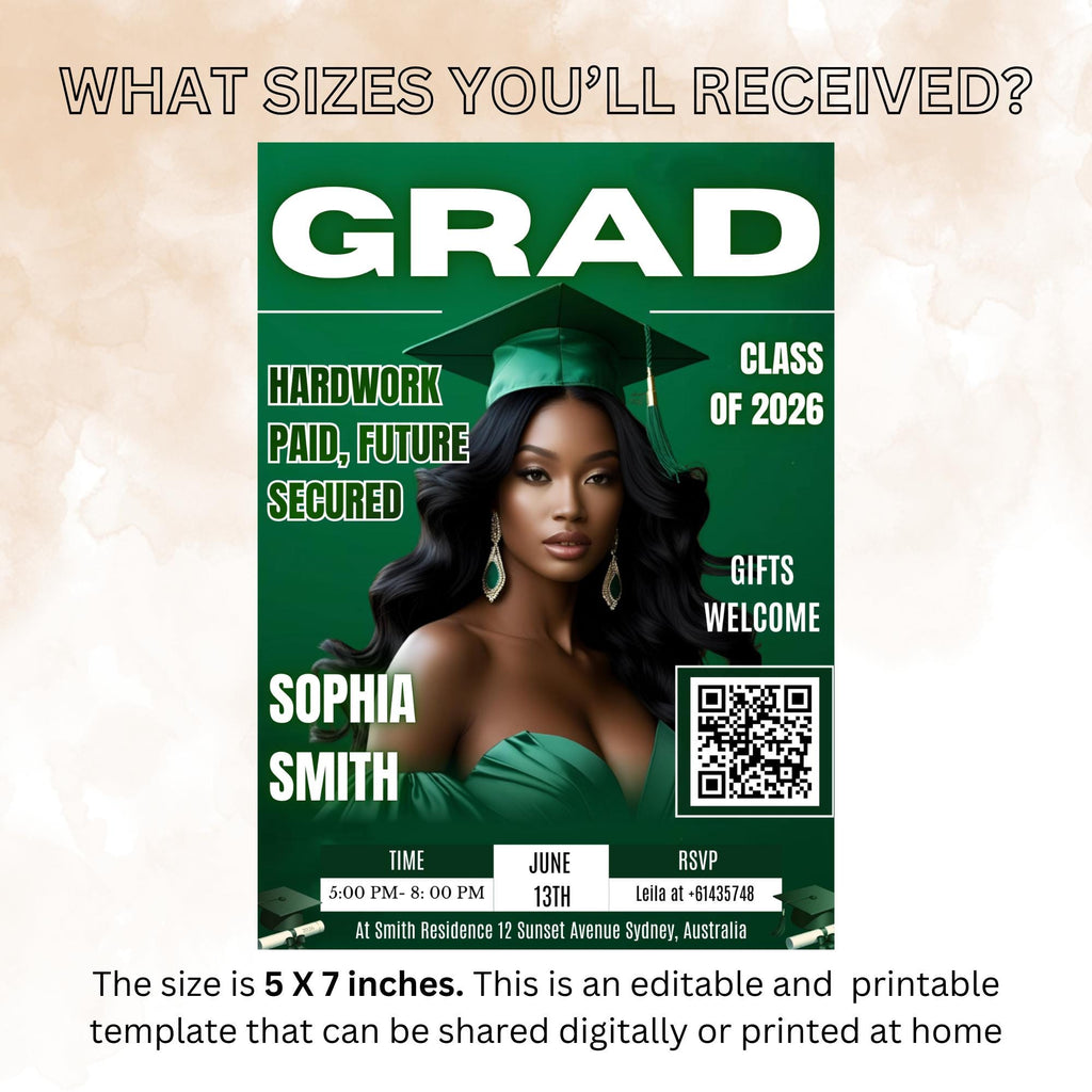 Green Graduation Party Invitation, Girl Senior Grad Announcement Invite with photo, University Graduate with QR Code Magazine Cover Template