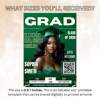 Green Graduation Party Invitation, Girl Senior Grad Announcement Invite with photo, University Graduate with QR Code Magazine Cover Template
