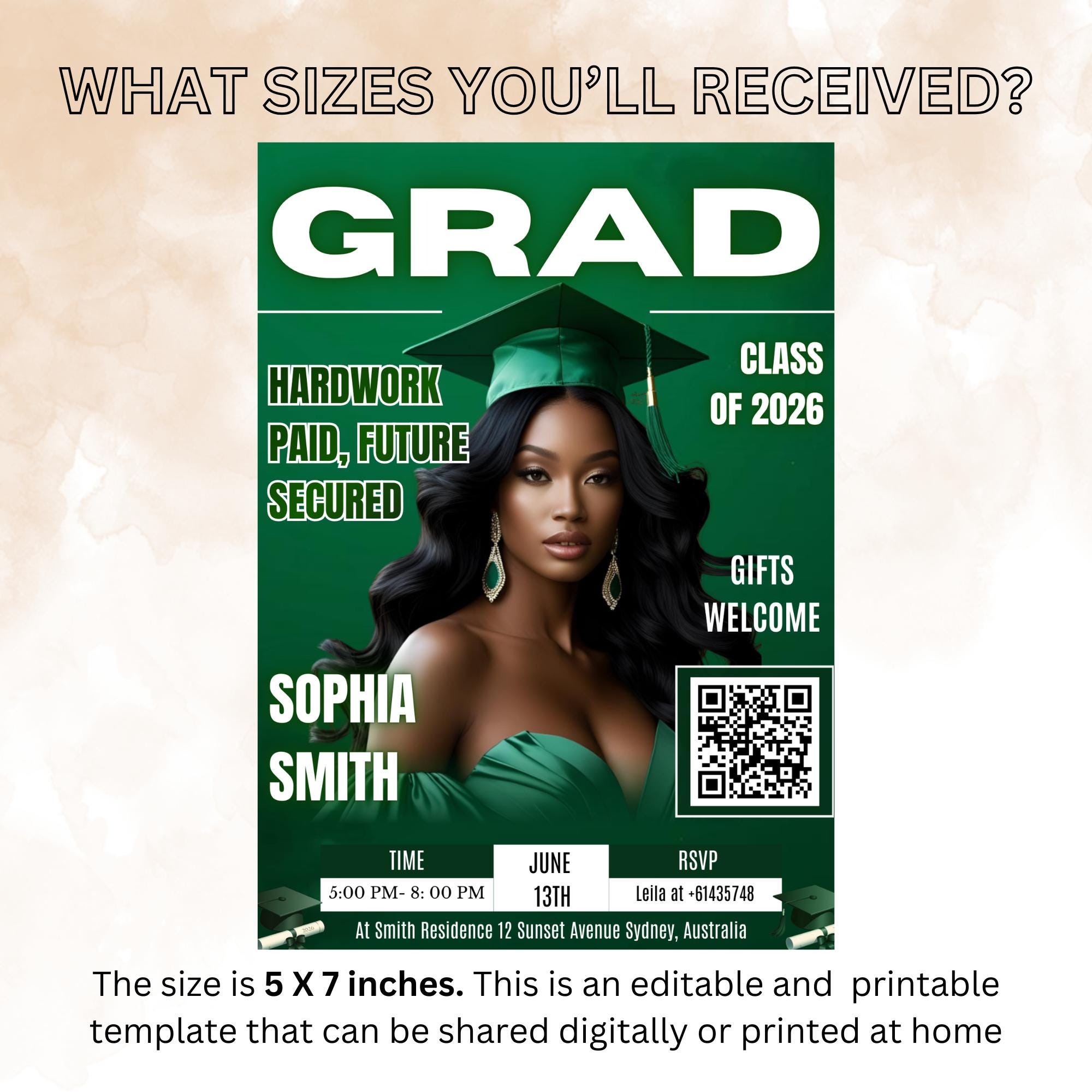 Green Graduation Party Invitation, Girl Senior Grad Announcement Invite with photo, University Graduate with QR Code Magazine Cover Template