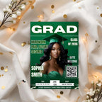 Green Graduation Party Invitation, Girl Senior Grad Announcement Invite with photo, University Graduate with QR Code Magazine Cover Template
