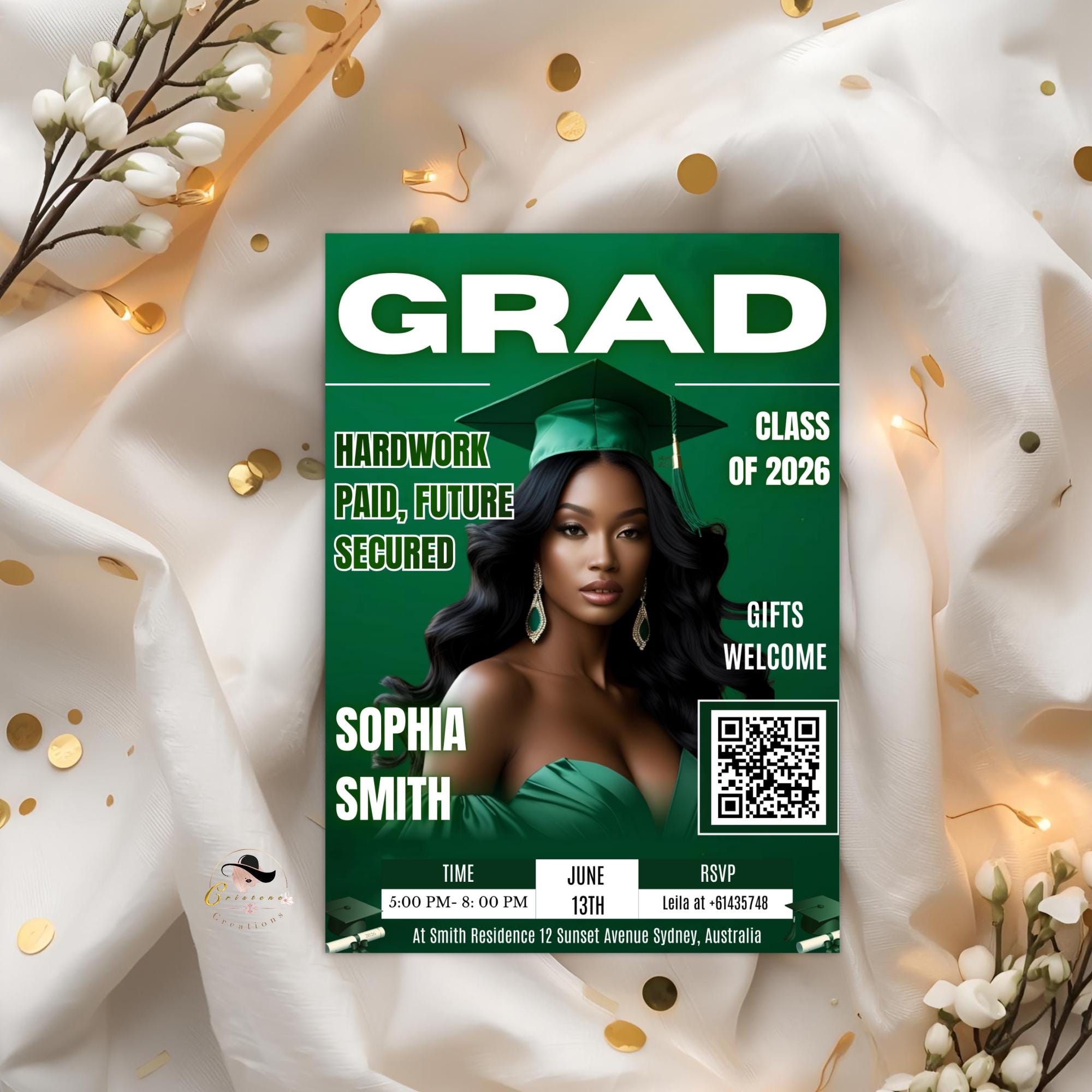 Green Graduation Party Invitation, Girl Senior Grad Announcement Invite with photo, University Graduate with QR Code Magazine Cover Template