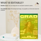 Green Graduation Party Invitation, Girl Senior Grad Announcement Invite with photo, University Graduate with QR Code Magazine Cover Template