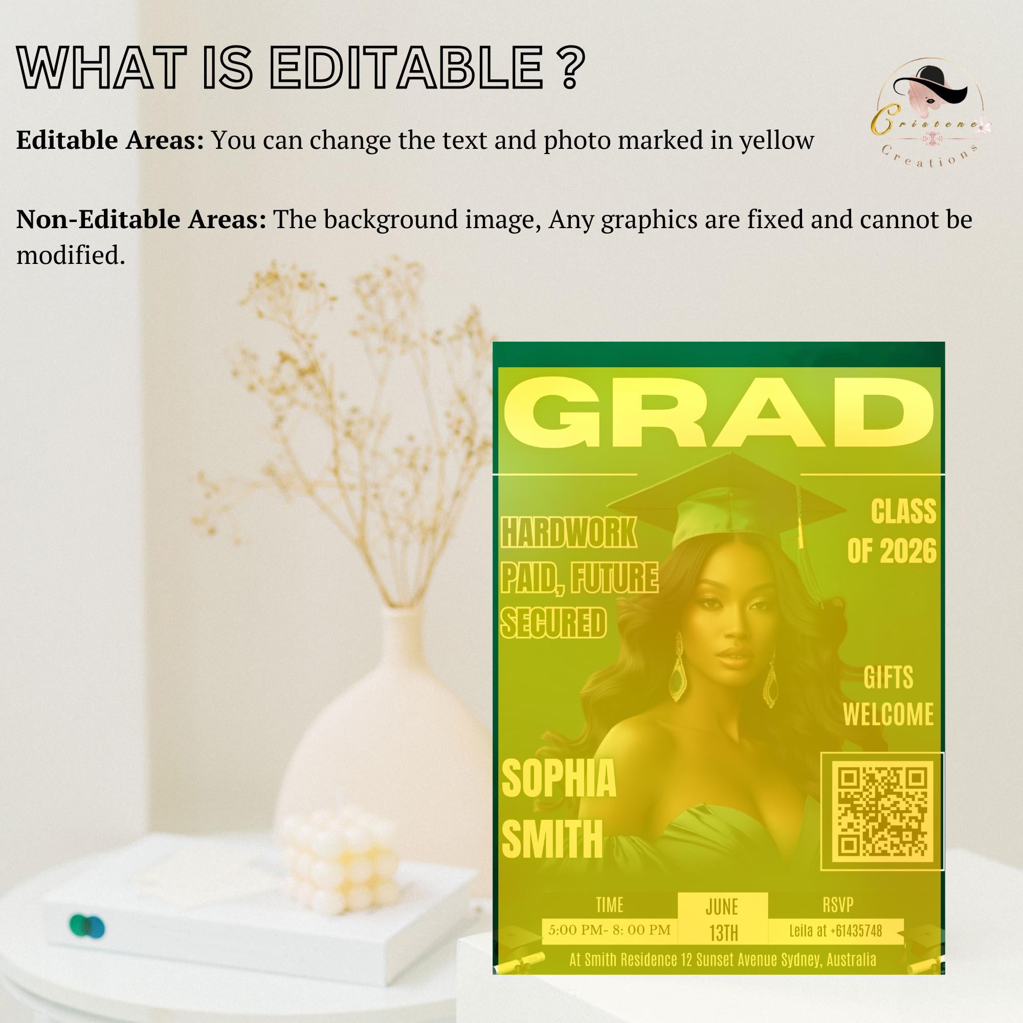Green Graduation Party Invitation, Girl Senior Grad Announcement Invite with photo, University Graduate with QR Code Magazine Cover Template