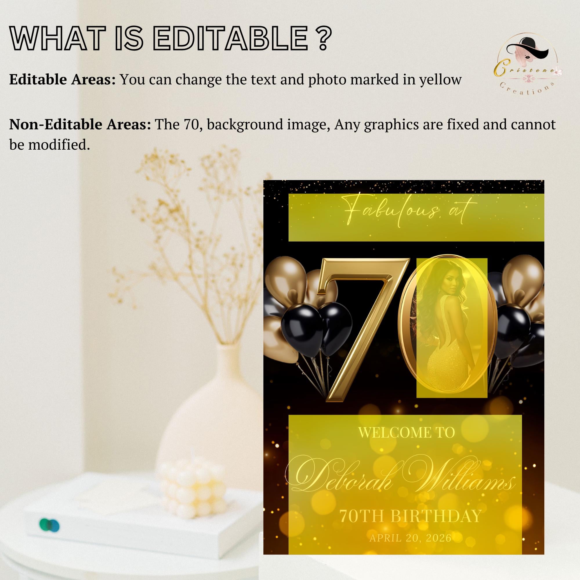 Black Gold 70th Birthday Welcome Party Sign, Dinner Entry Poster Sign with photo, 70 and Fabulous Welcome Board Sign, Woman and Men Template