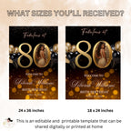 Black Gold 80th Birthday Welcome Party Sign, Dinner Entry Poster Sign with photo, 80 and Fabulous Welcome Board Sign, Woman and Men Template