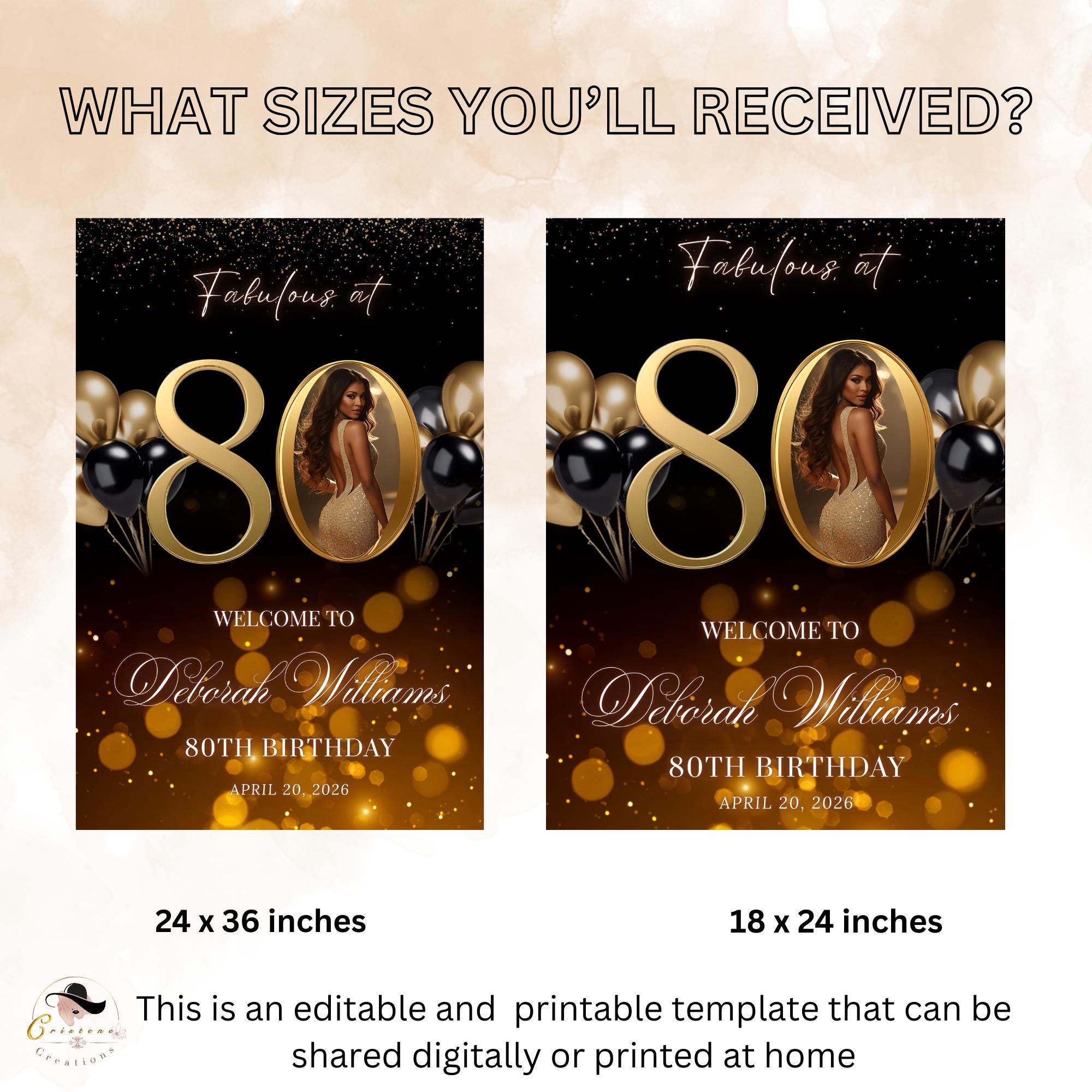 Black Gold 80th Birthday Welcome Party Sign, Dinner Entry Poster Sign with photo, 80 and Fabulous Welcome Board Sign, Woman and Men Template