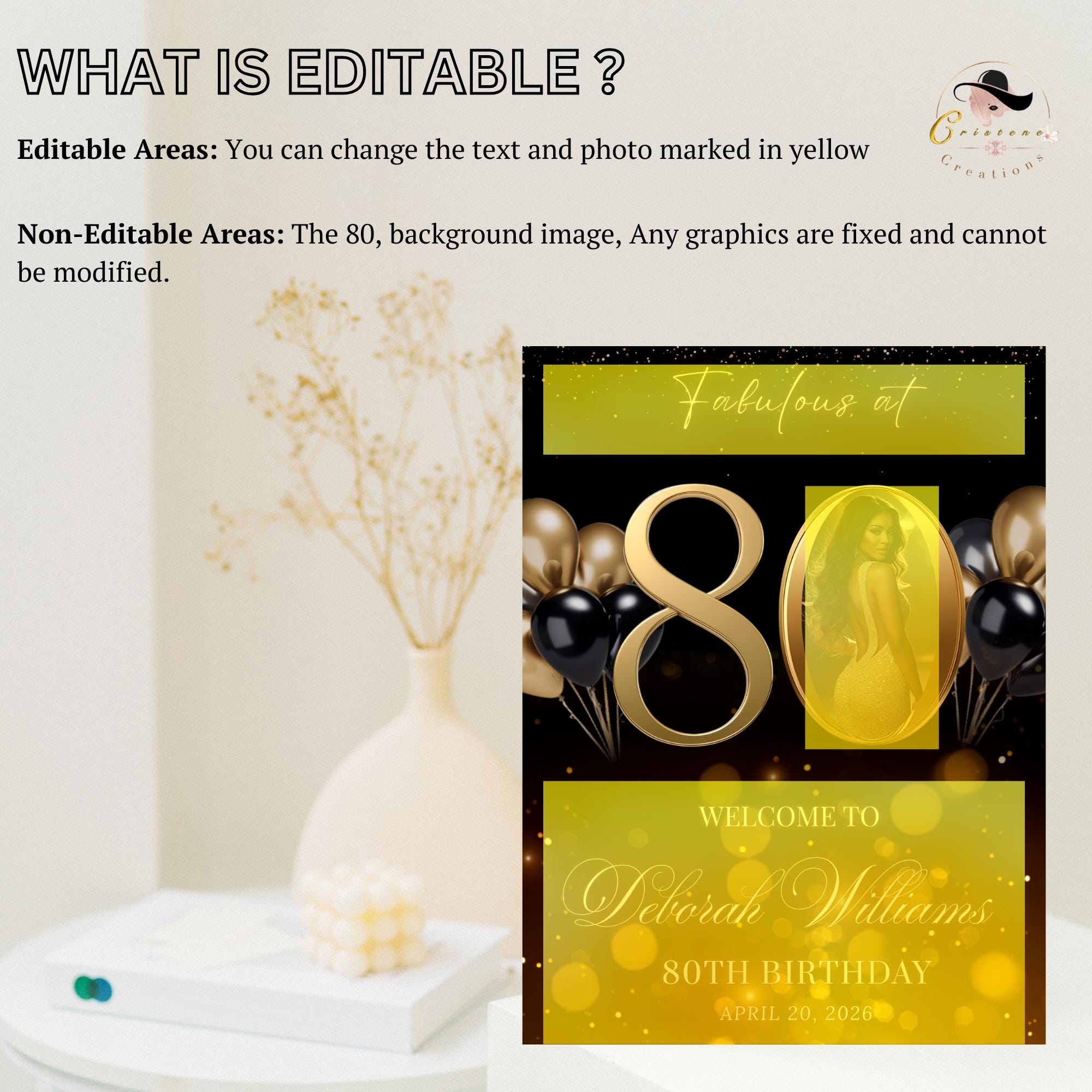 Black Gold 80th Birthday Welcome Party Sign, Dinner Entry Poster Sign with photo, 80 and Fabulous Welcome Board Sign, Woman and Men Template