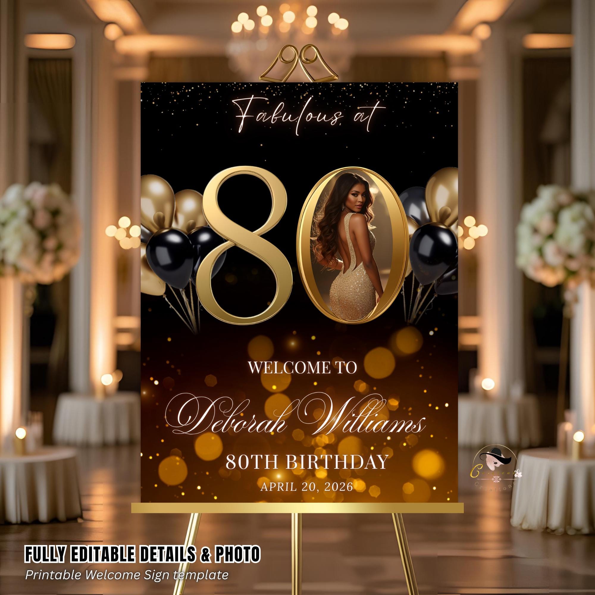 Black Gold 80th Birthday Welcome Party Sign, Dinner Entry Poster Sign with photo, 80 and Fabulous Welcome Board Sign, Woman and Men Template
