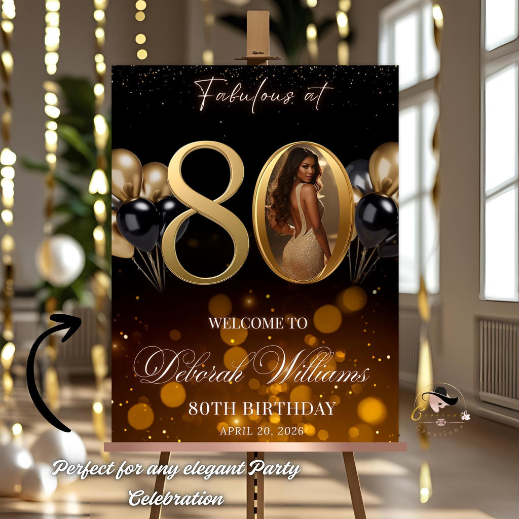 Black Gold 80th Birthday Welcome Party Sign, Dinner Entry Poster Sign with photo, 80 and Fabulous Welcome Board Sign, Woman and Men Template