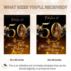 Black Gold 50th Birthday Welcome Party Sign, Dinner Entry Poster Sign with photo, 50 and Fabulous Welcome Board Sign, Woman and Men Template