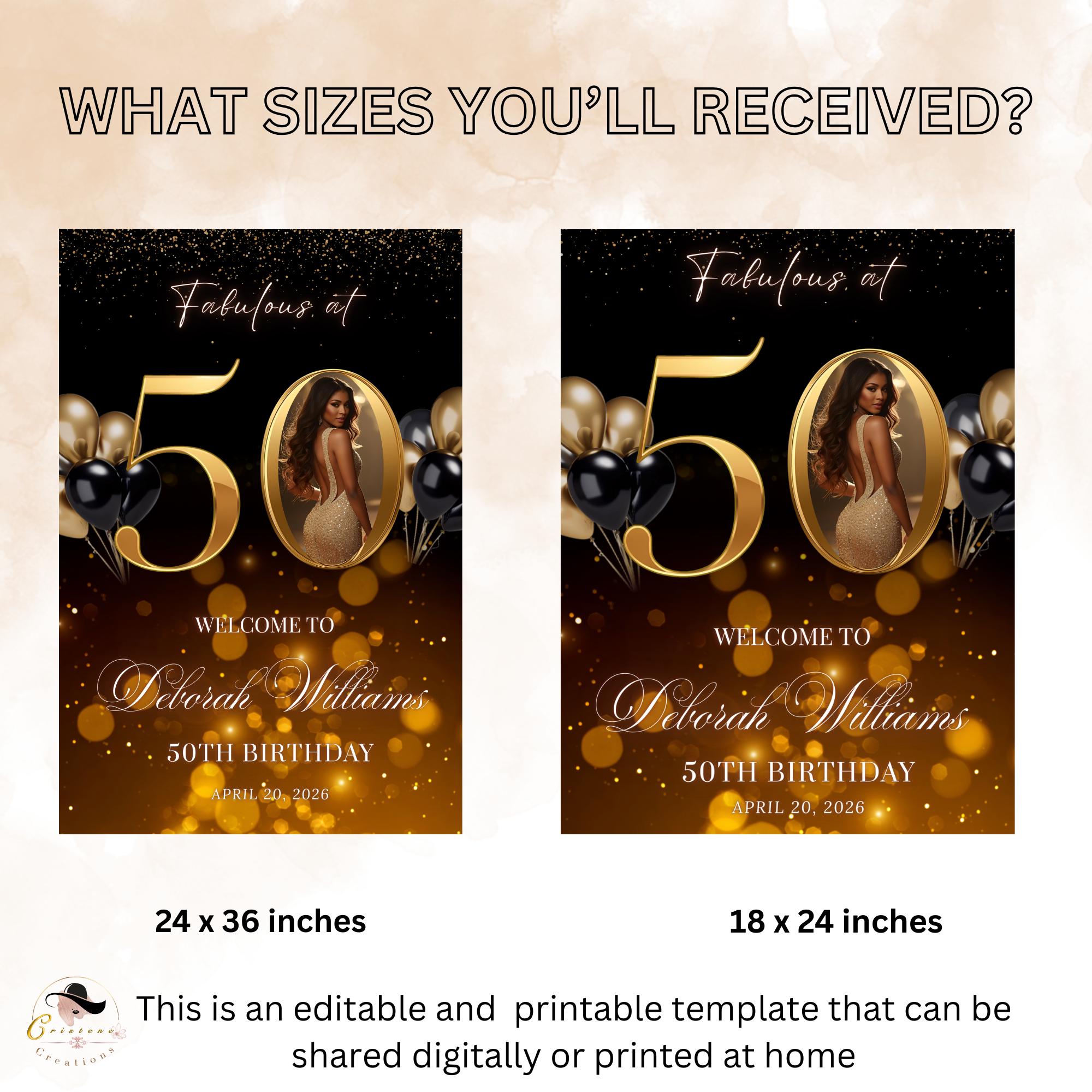 Black Gold 50th Birthday Welcome Party Sign, Dinner Entry Poster Sign with photo, 50 and Fabulous Welcome Board Sign, Woman and Men Template