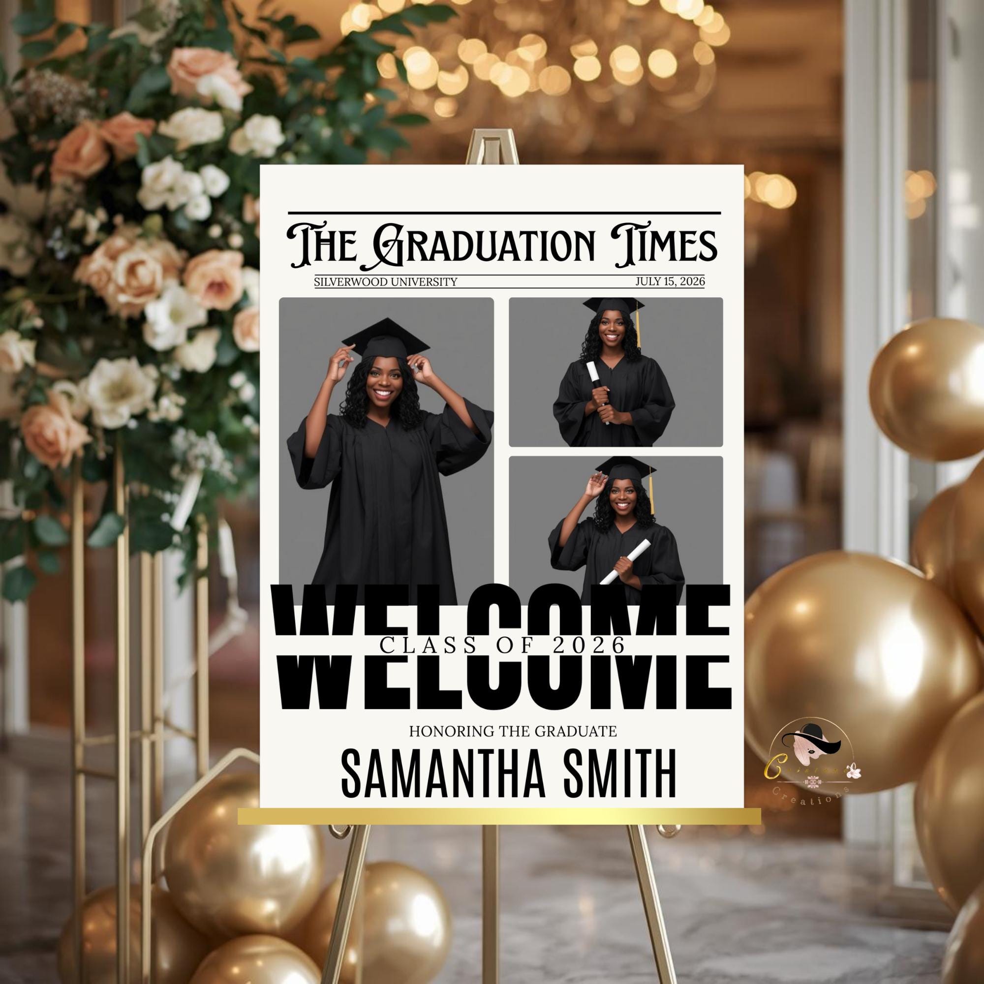 Newspaper Graduation Party Welcome Sign with photo, Senior Grad Announcement Poster Sign, University Graduates Board Sign Printable Template