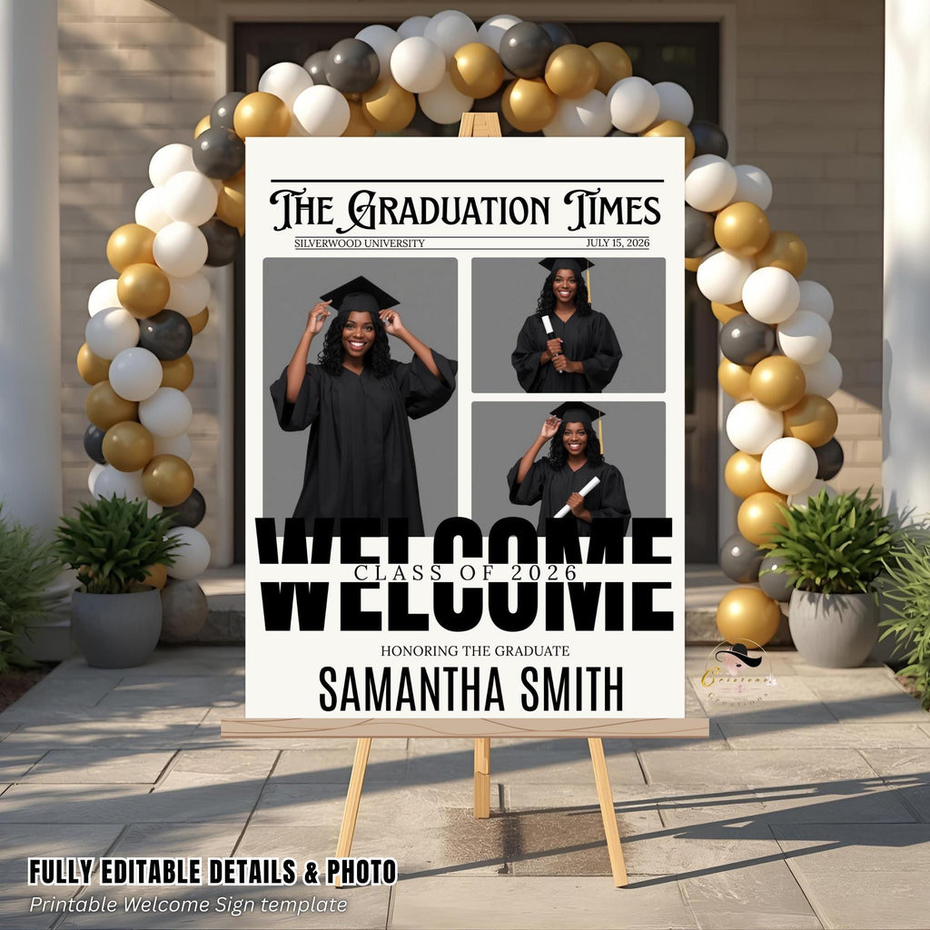 Newspaper Graduation Party Welcome Sign with photo, Senior Grad Announcement Poster Sign, University Graduates Board Sign Printable Template