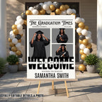 Newspaper Graduation Party Welcome Sign with photo, Senior Grad Announcement Poster Sign, University Graduates Board Sign Printable Template