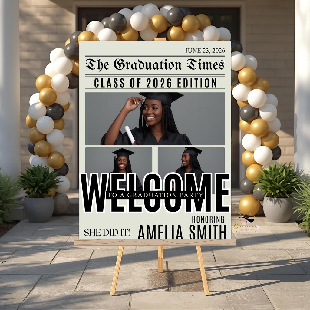 Newspaper Graduation Welcome Sign with photo, Senior Grad Party Announcement Poster Sign, University Graduates Board Sign Printable Template