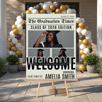 Newspaper Graduation Welcome Sign with photo, Senior Grad Party Announcement Poster Sign, University Graduates Board Sign Printable Template