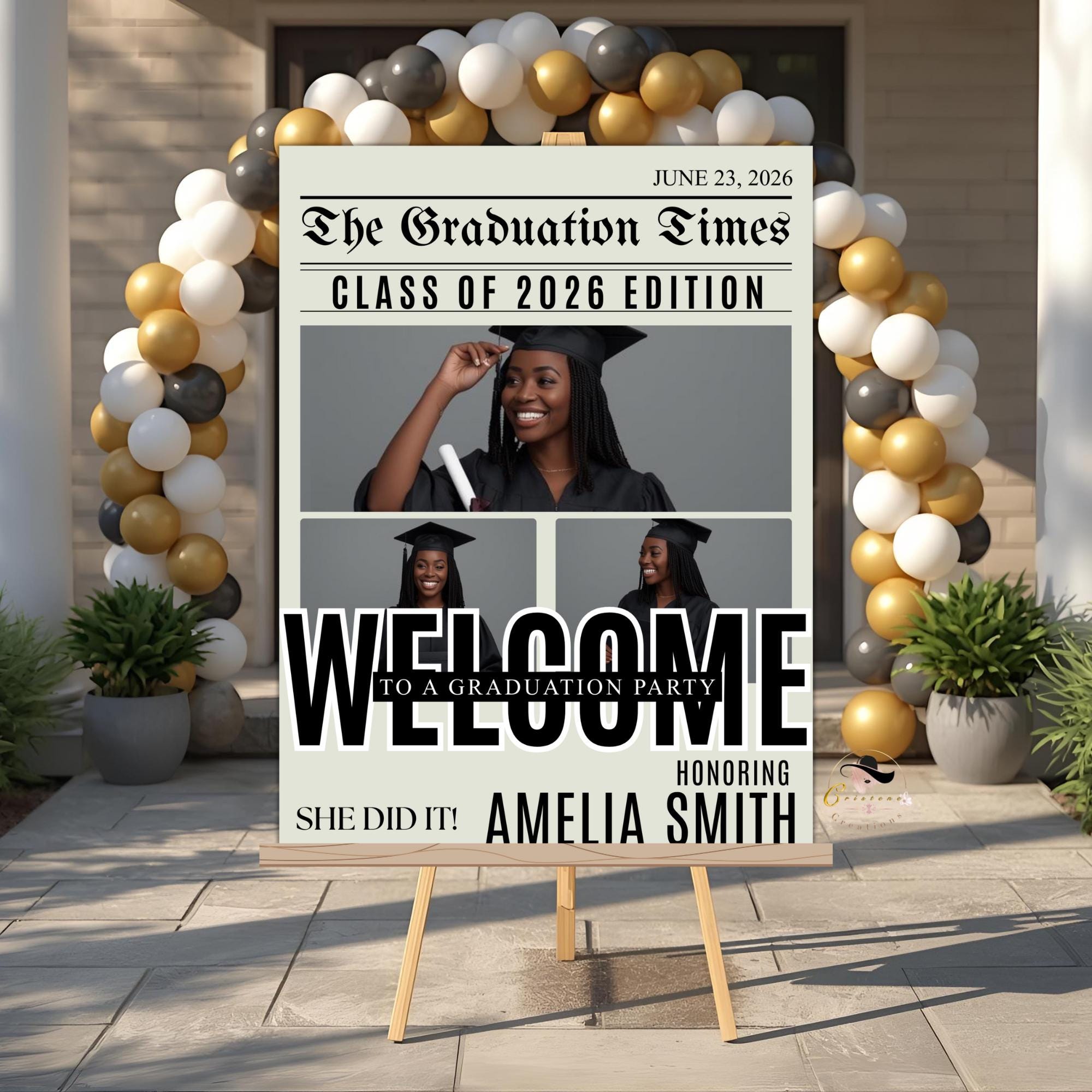 Newspaper Graduation Welcome Sign with photo, Senior Grad Party Announcement Poster Sign, University Graduates Board Sign Printable Template